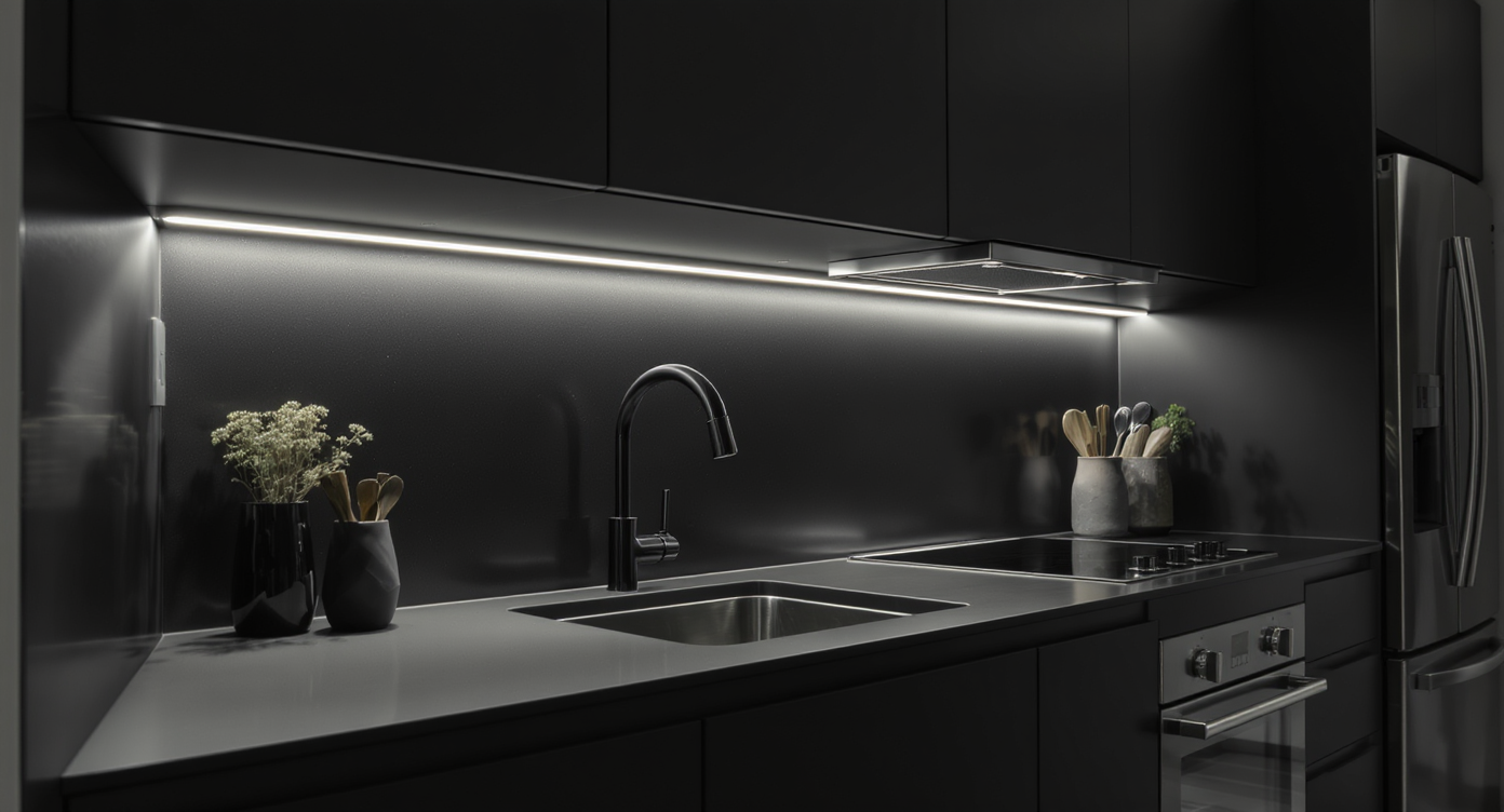 Minimalist tube lights provide sleek illumination in a modern kitchen.