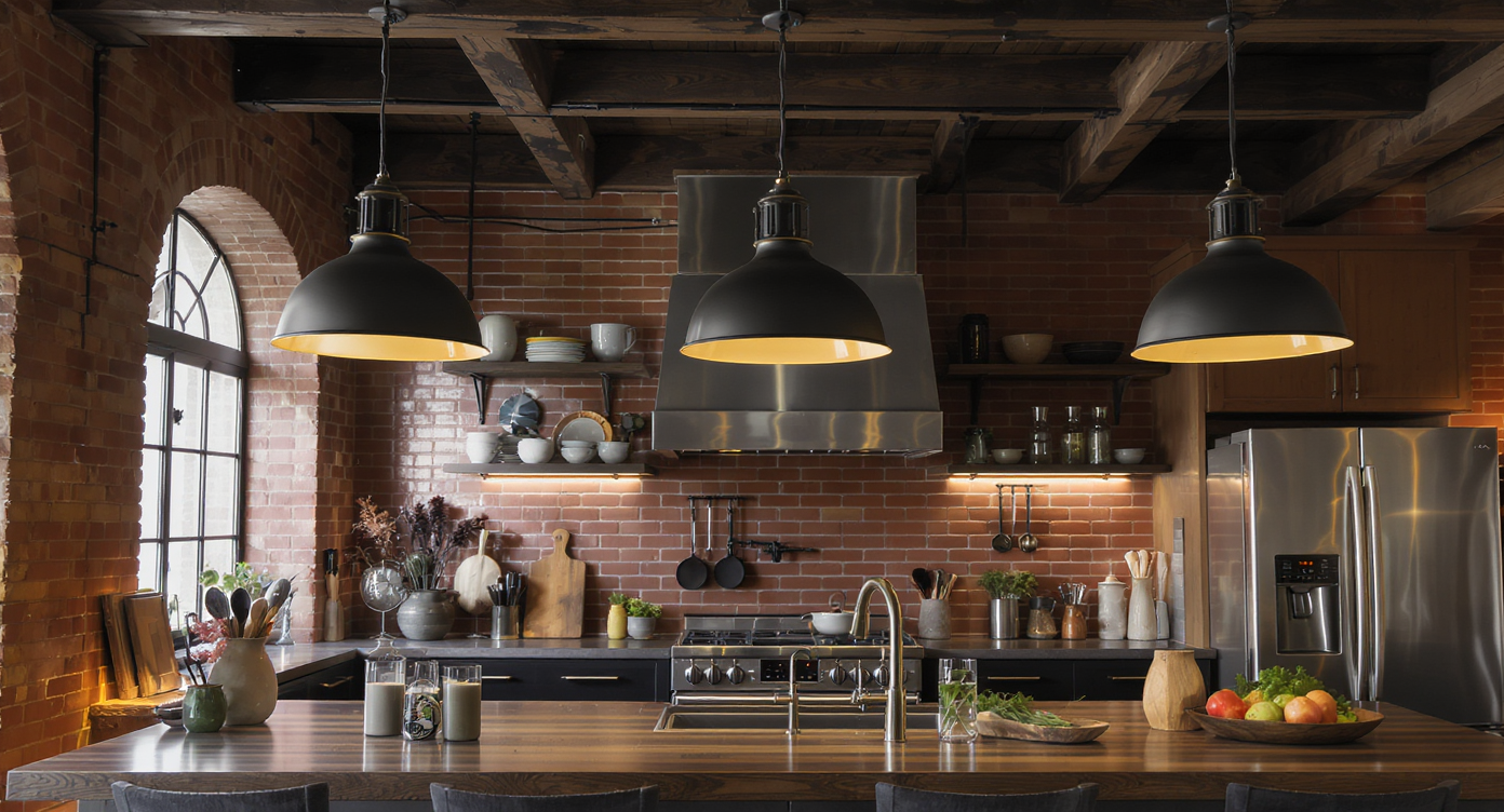 Industrial pendant lights add an edgy feel to a modern kitchen design.