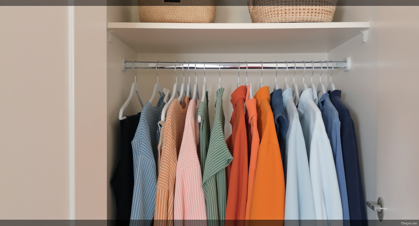 A closet with slim nonslip hangers displaying clothes neatly organized to maximize hanging space.