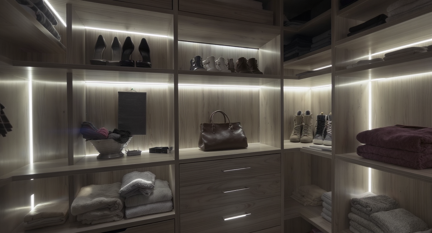 Closet with battery-powered under-shelf lighting improving visibility of organized items.