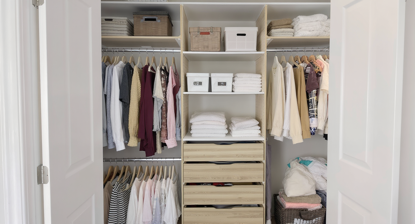A DIY closet system featuring modular design elements like adjustable shelves for customized storage.