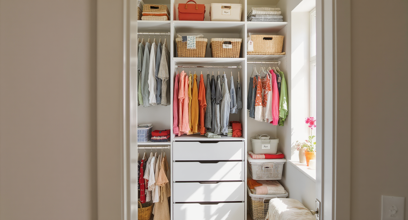 An organized small closet showcasing vertical storage with tall shelves and neatly arranged clothes.