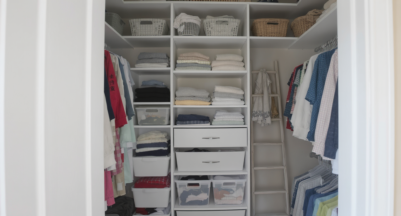 A small closet with tall shelves filled with folded clothes, storage bins, and a ladder for easy access.