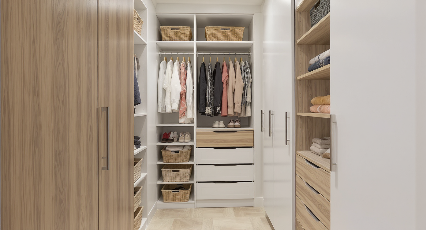 A modern small walk-in closet highlighted by organized shelves, baskets, and stylish lighting.