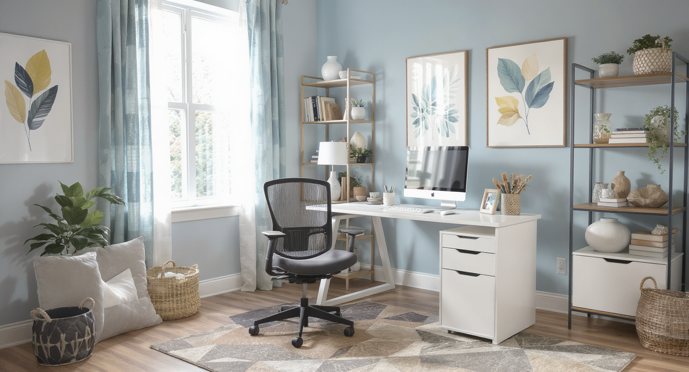 A well-designed home office with an ergonomic desk, computer, and colorful design tools, filled with natural light.