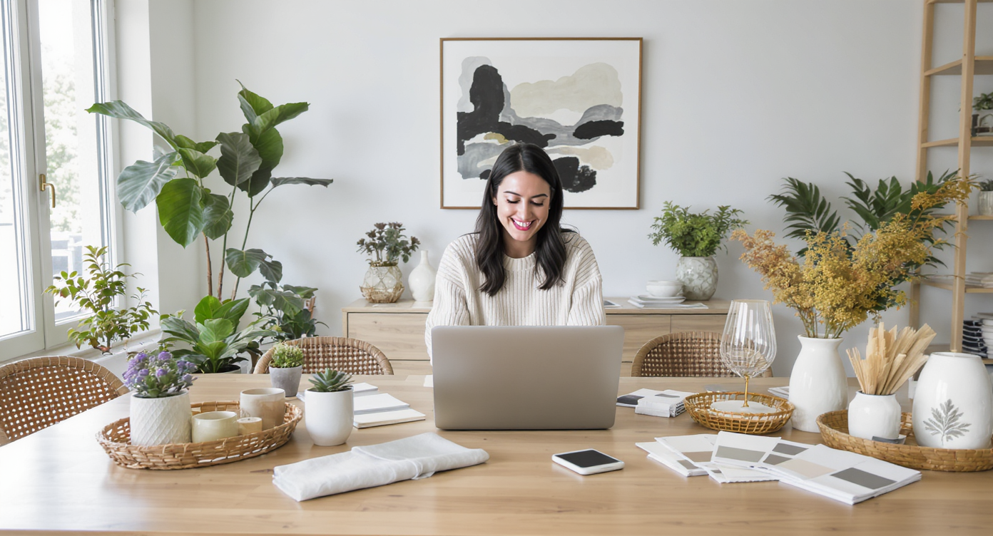 A homeowner at a dining table with a laptop, design samples, and plants, illustrating virtual interior design.