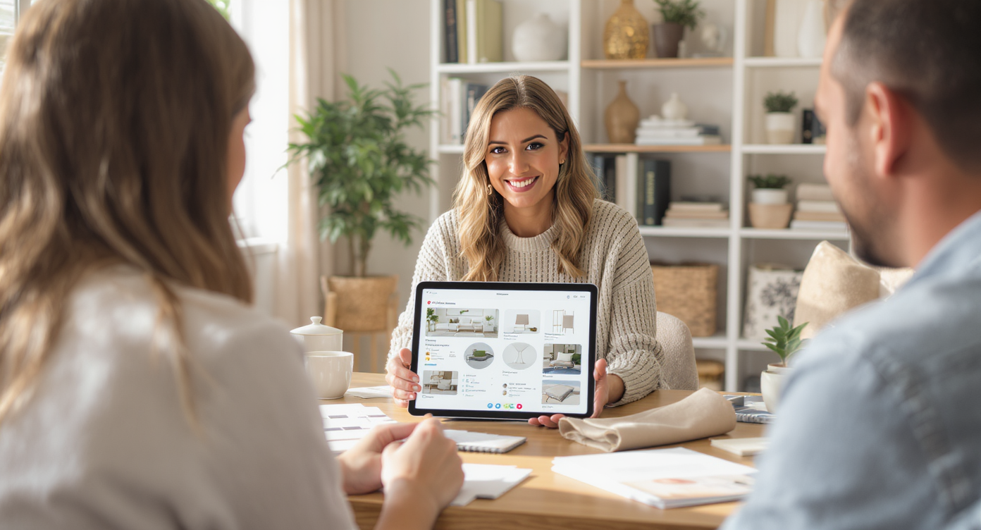 A virtual designer presenting style options to a homeowner during a video call, surrounded by design samples.