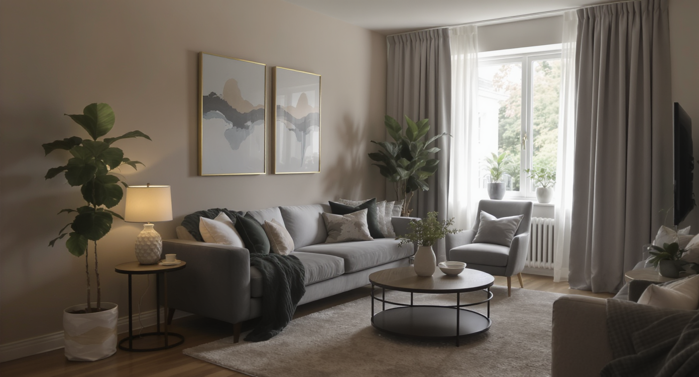 A bright modern living room with a stylish sofa, coffee table, and decor, illuminated by natural light.