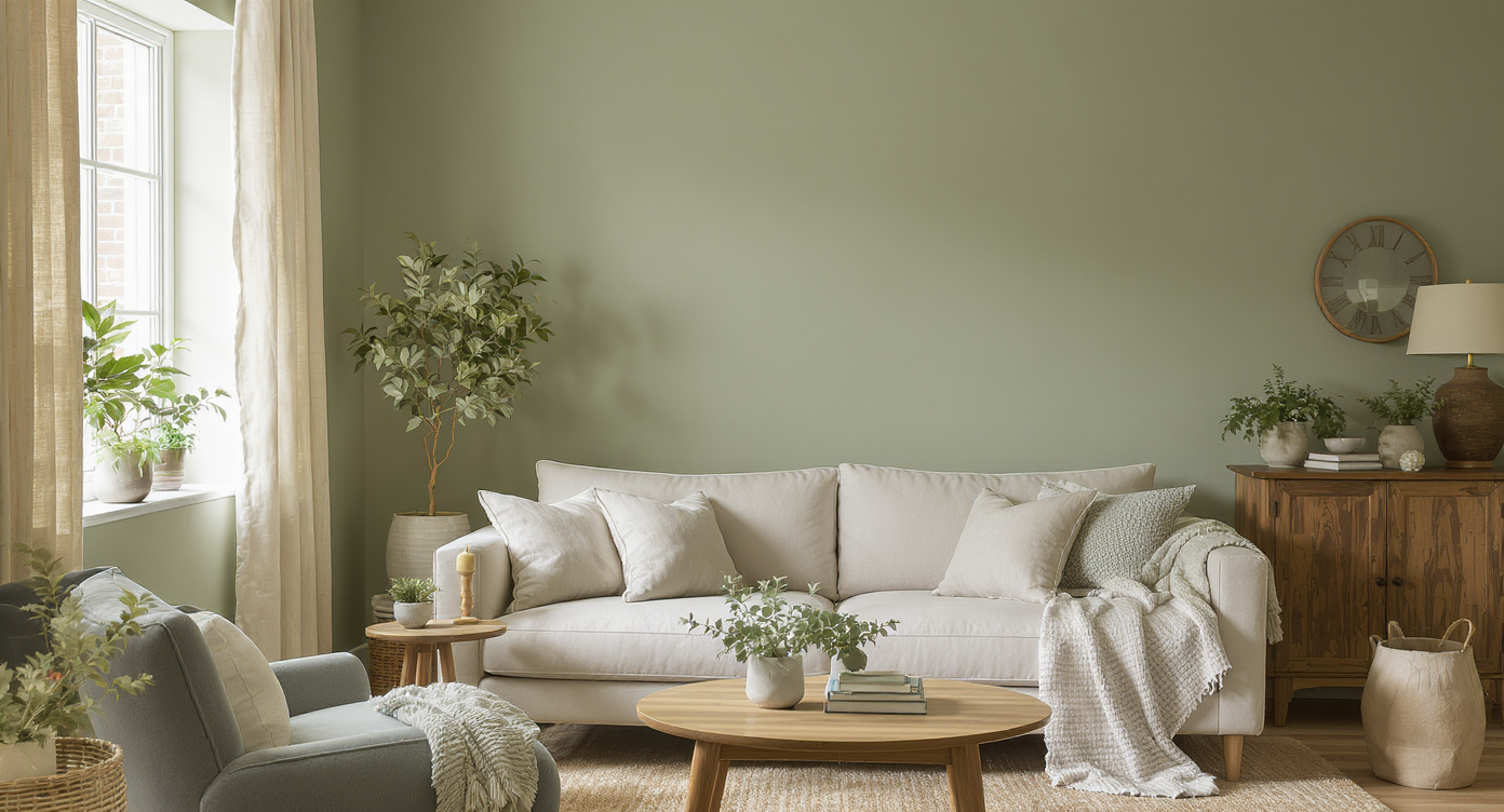 This calm interior features 'Warm Eucalyptus' color, wooden elements, and cozy fabrics contributing to serenity.
