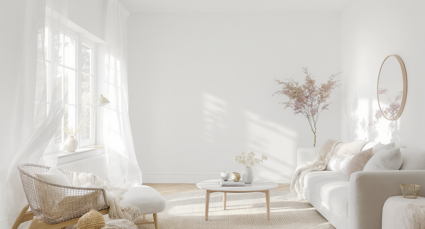Bright, airy room painted in 'Cloud Dancer', with minimalist decor and natural light filtering through sheer curtains.