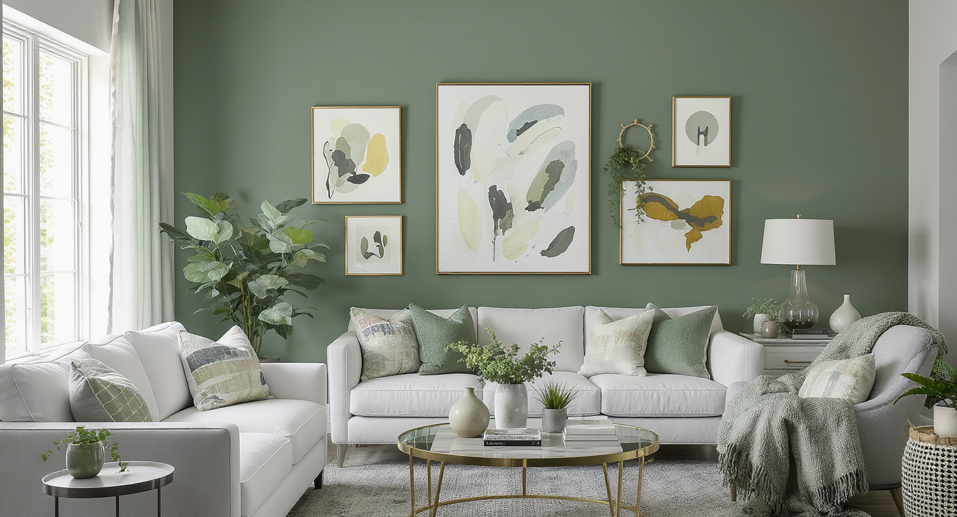 Accent wall painted in 'Hidden Gem', featuring smoky green-gray hues, art pieces, and neutral furniture.