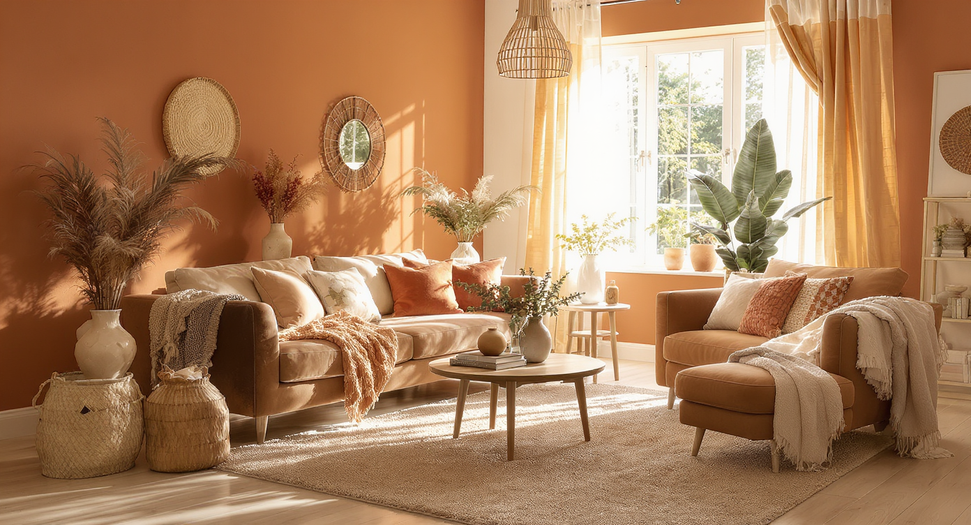 Cozy living room with 'Silky Sienna' tones, featuring terracotta walls and layered textures for warmth.