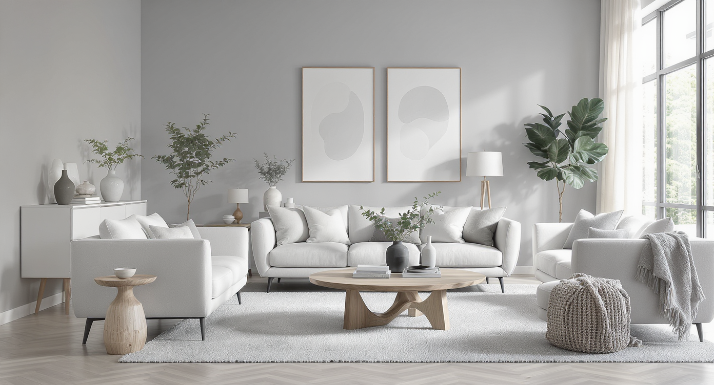 Modern interior featuring 'Essential Neutrals', with gray walls, sleek furniture, and natural accents for balance.