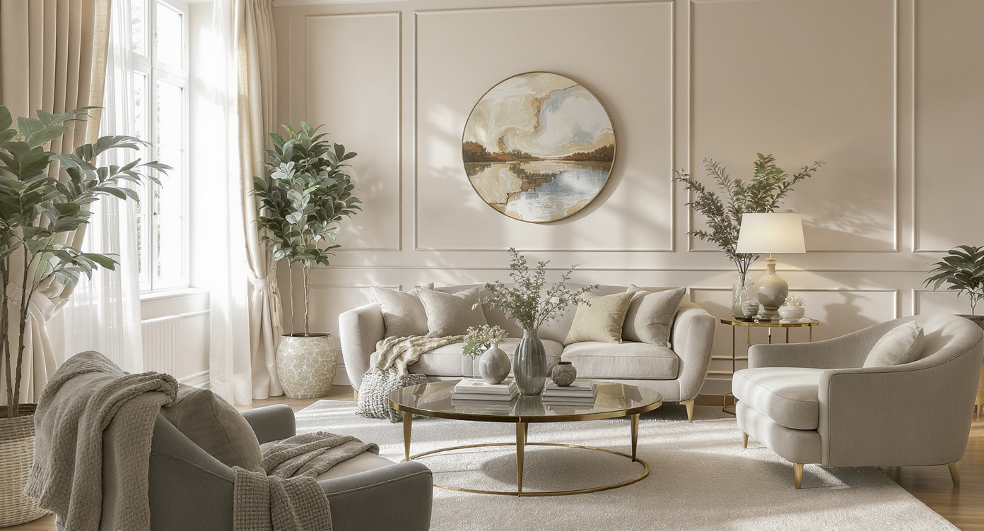 Elegant living room with a muted color palette and natural light, showcasing stylish furniture and decor.