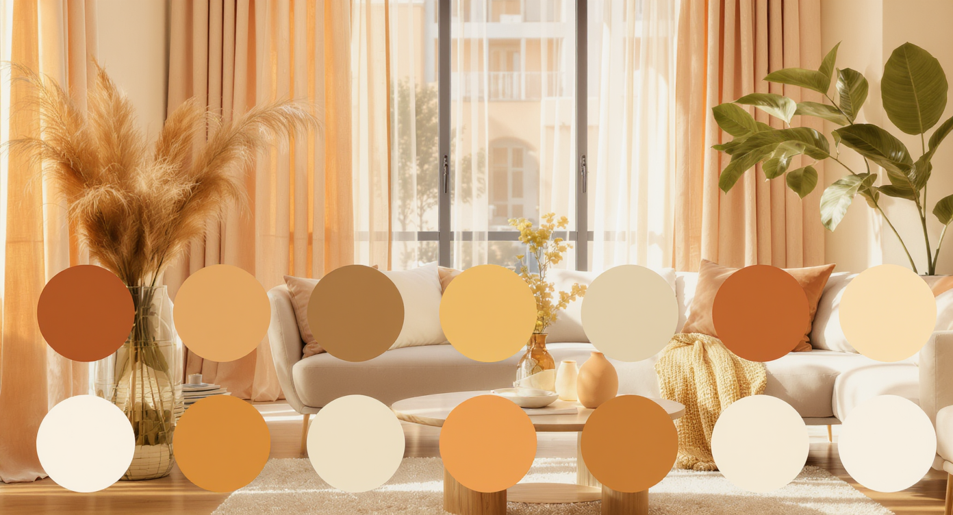 Modern living space featuring color swatches and natural light, illustrating tranquility and warm color palettes.