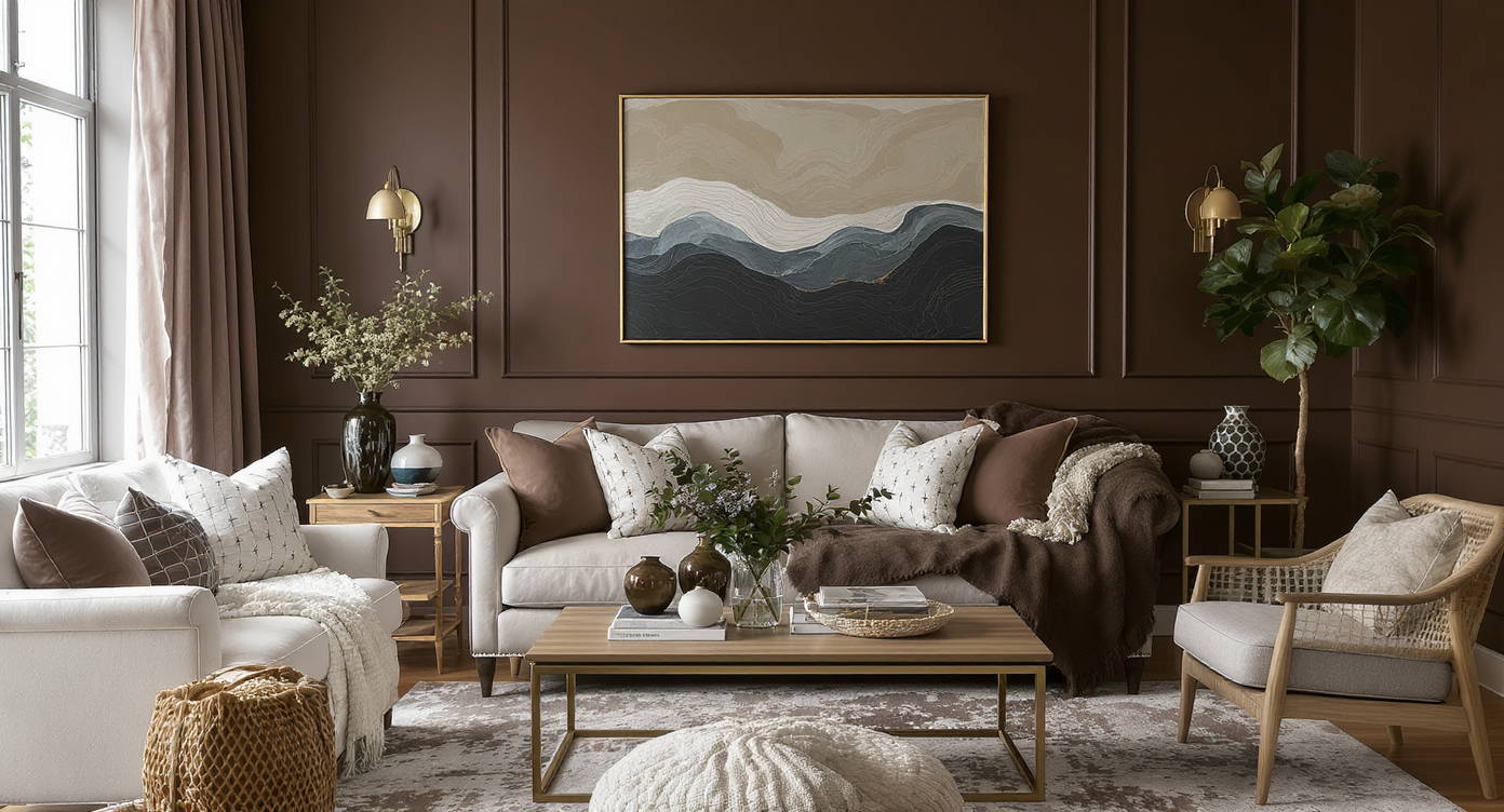 Living space painted in 'Silhouette' by Benjamin Moore, featuring rich brown hues and cozy textures.