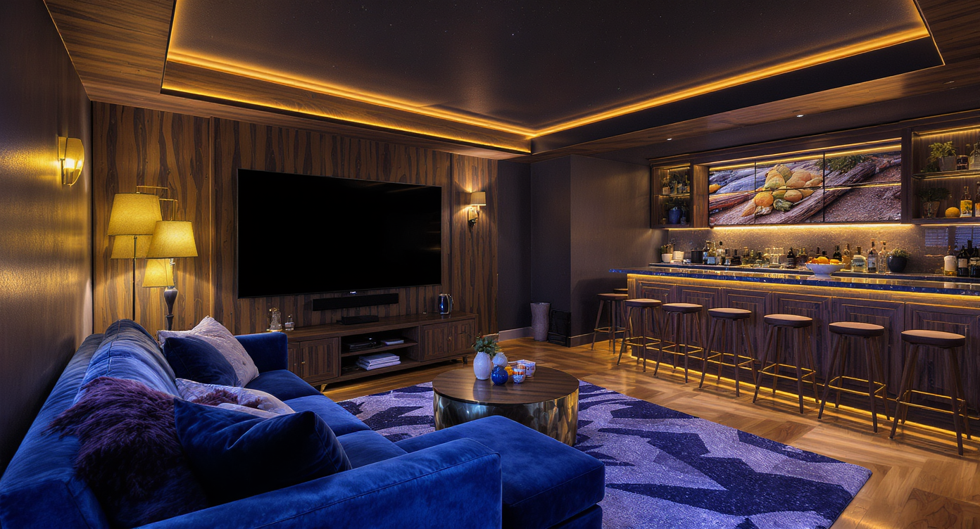 A stylish man cave equipped with a plush couch, movie screen, and bar area, showcasing a cozy design.