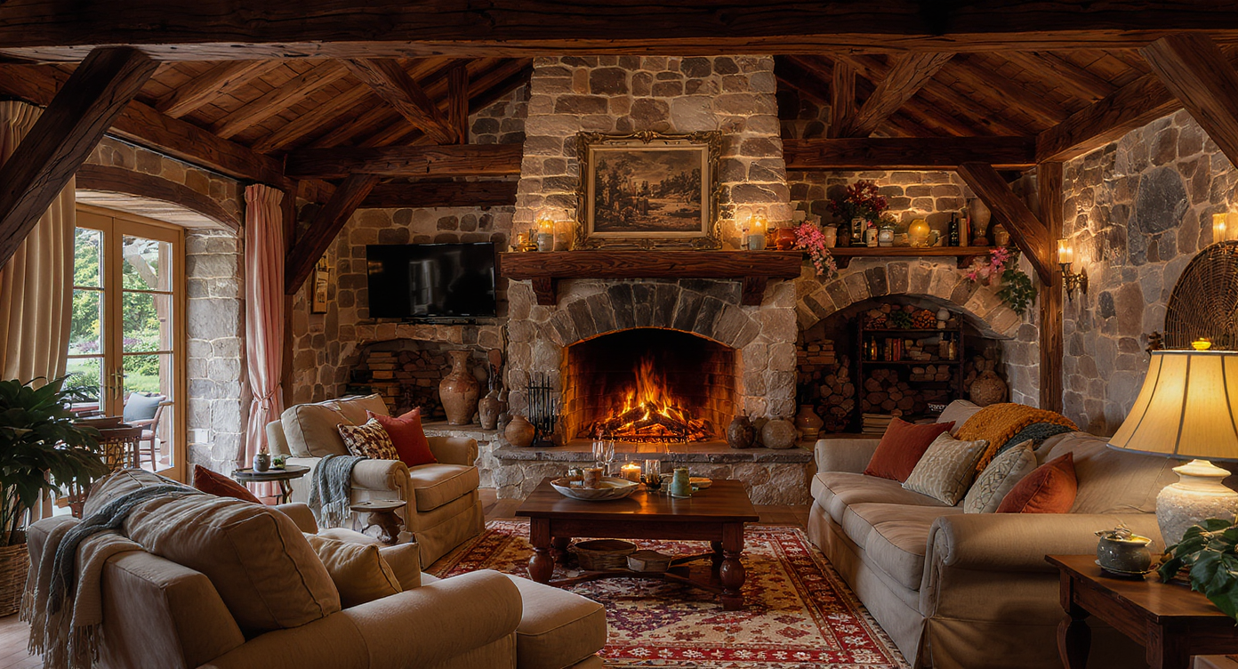 A rustic man cave featuring wooden beams, a stone fireplace, and cozy seating, embodying country charm.