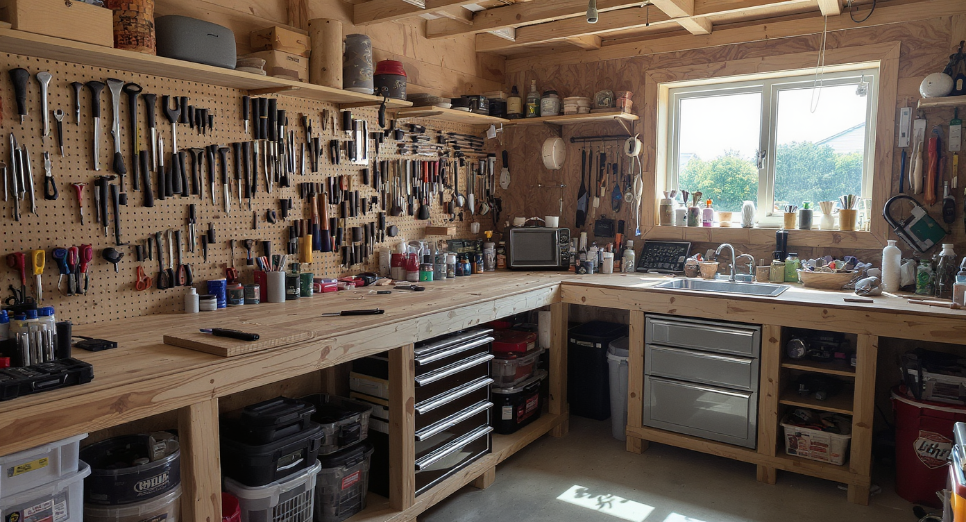 A multi-purpose workshop in a man cave with a workbench, tools, and plenty of natural light for creativity.