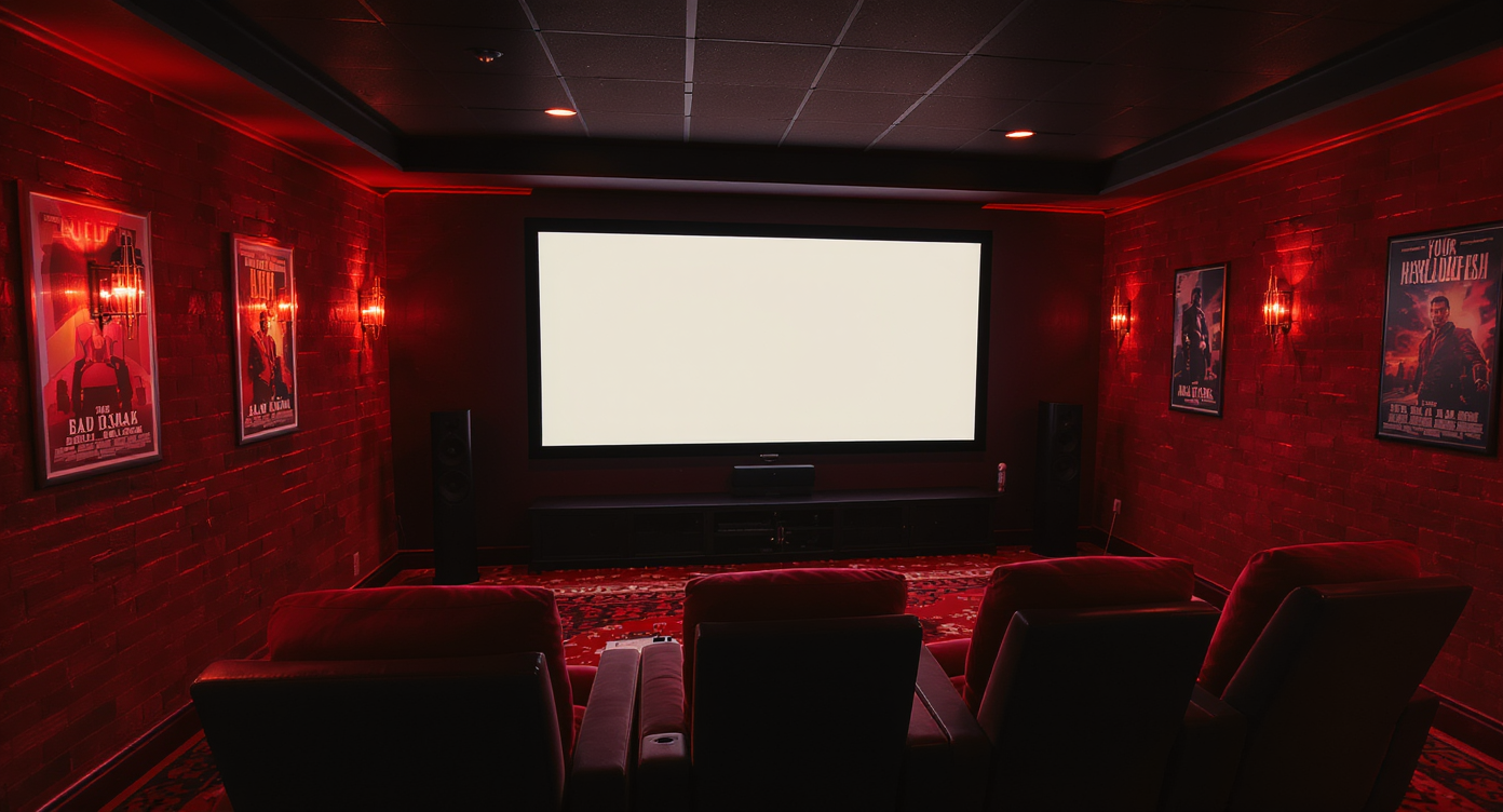 A well-designed home theater in a man cave with a large screen, surround sound speakers, and plush seating.