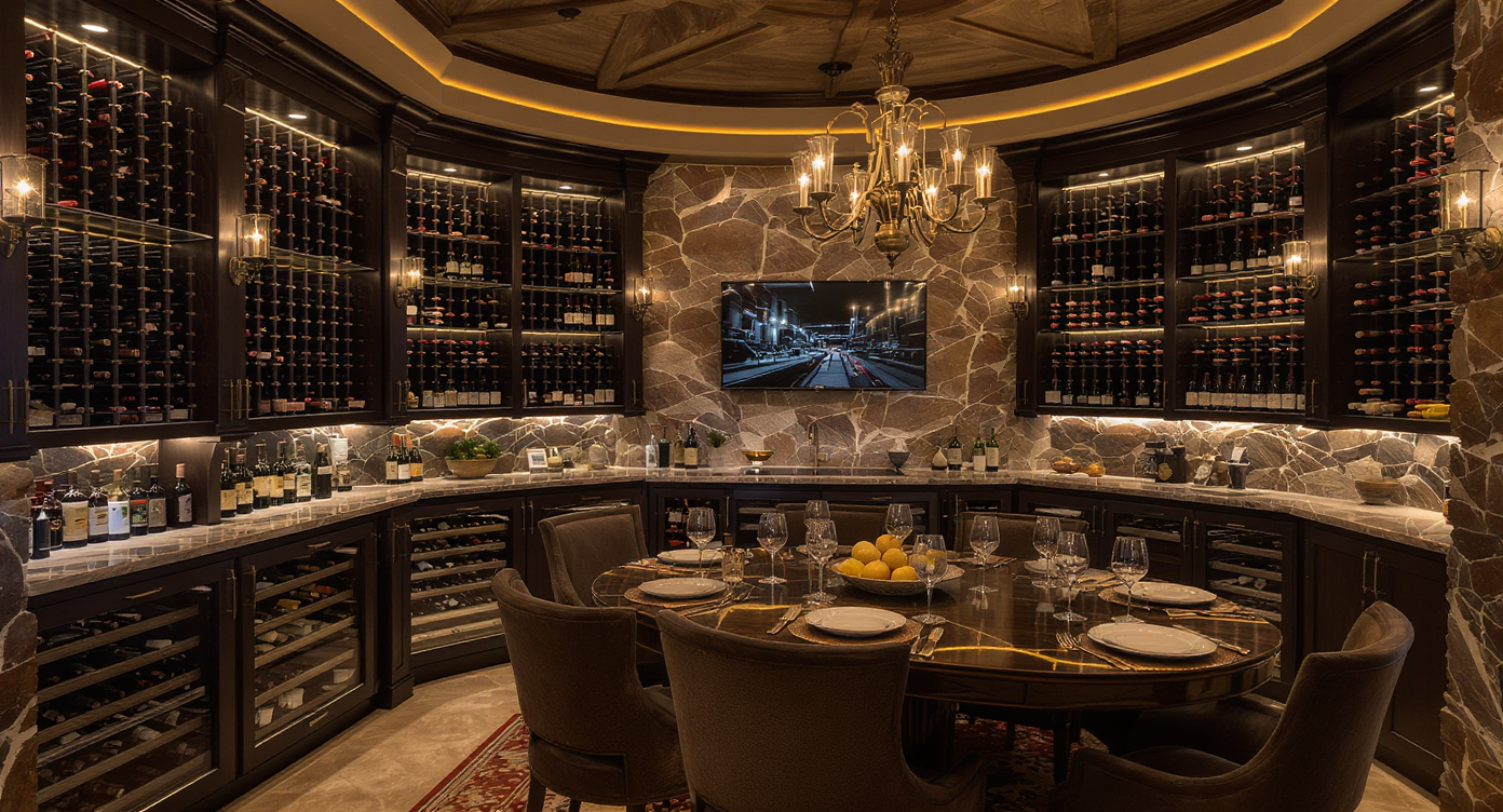 A refined wine cellar in a man cave, featuring custom racks and a cozy tasting table for wine enthusiasts.