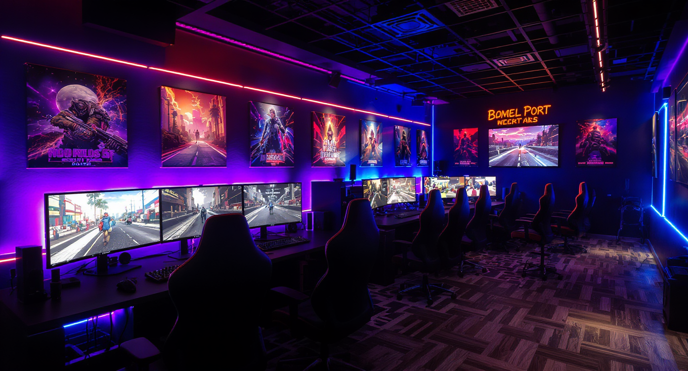 A vibrant gaming space with consoles, gaming chairs, and colorful LED lights, inviting for gamers.