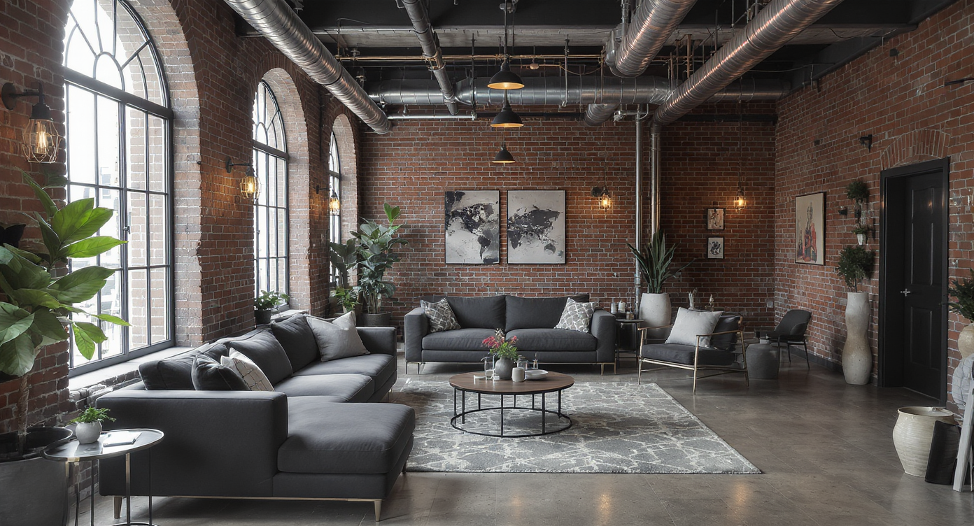 An industrial loft man cave with exposed brick, metal accents, and urban style furniture creating a modern vibe.