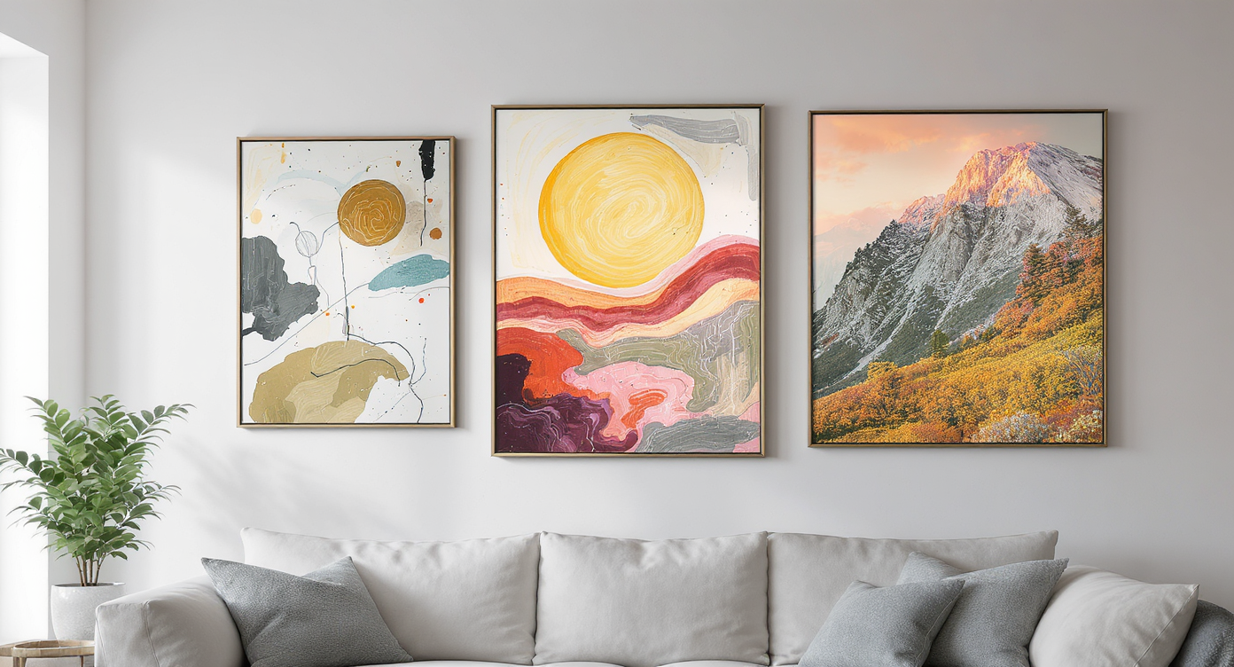 Living room wall featuring large, impactful art pieces above a stylish sofa.