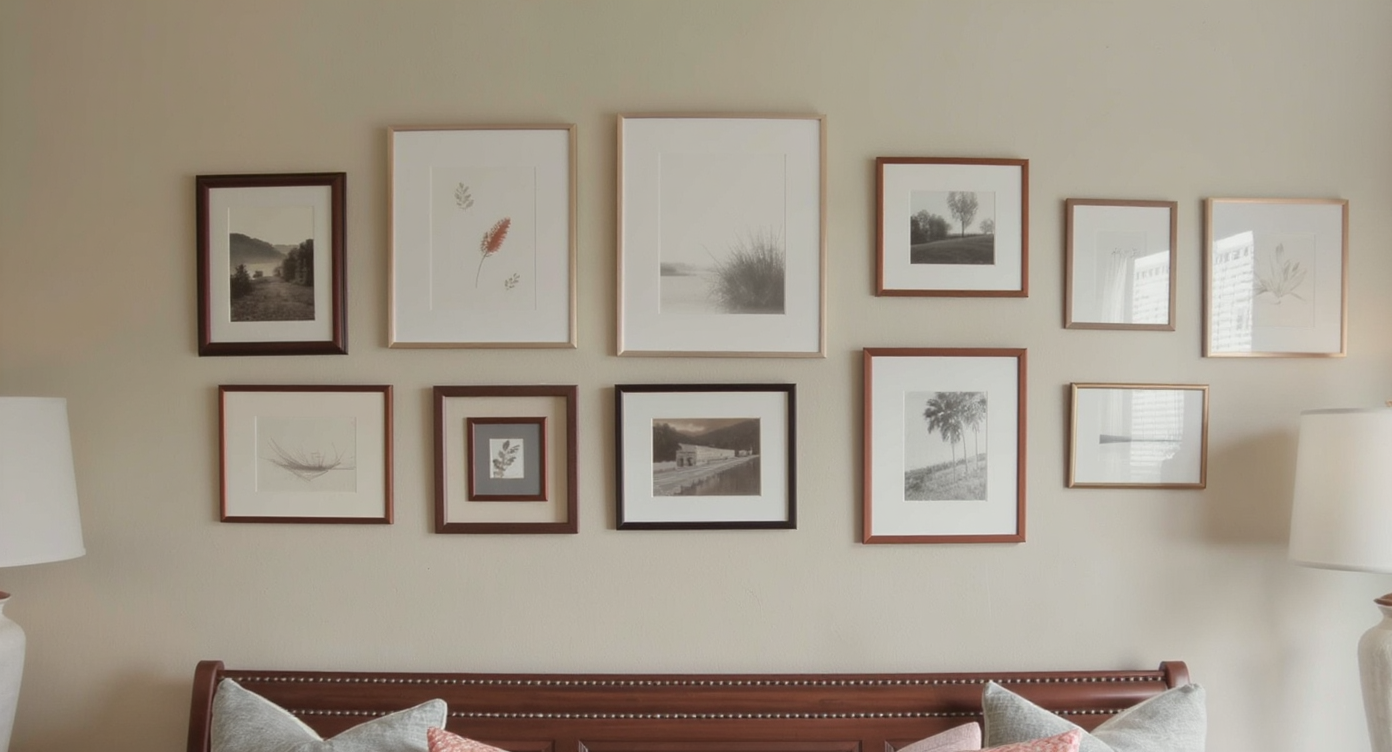 Well-arranged gallery wall art hung at eye level above a comfortable seating area.