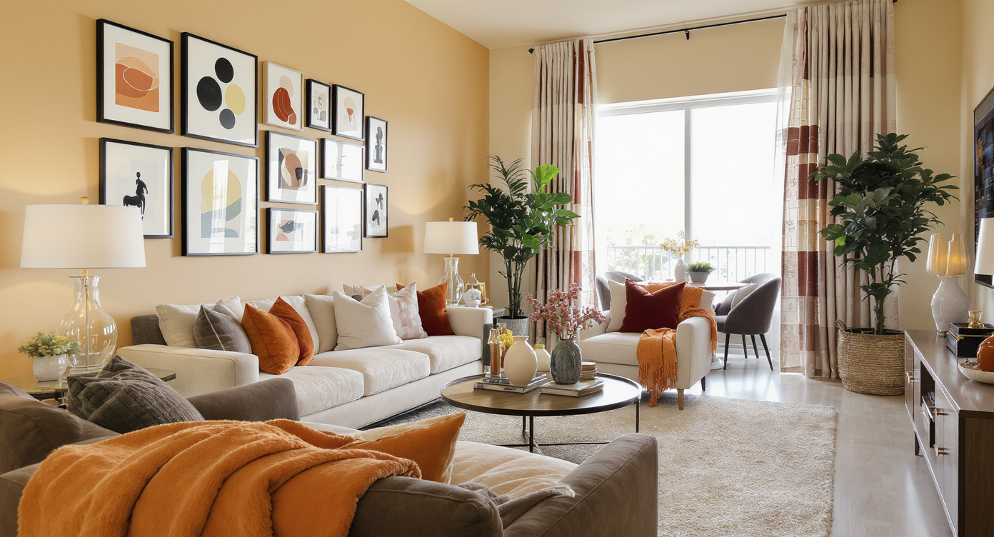 Modern living room with large gallery wall art, cozy furniture, and natural light.