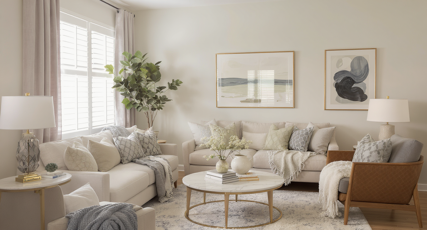 Harmoniously decorated room with stylish furniture and calming decor.