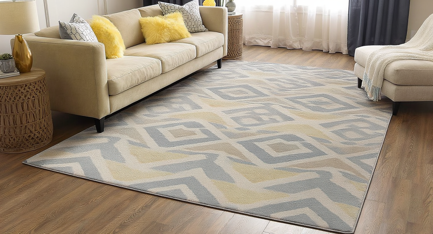 Seating area with a large geometric rug anchoring the furniture arrangement.