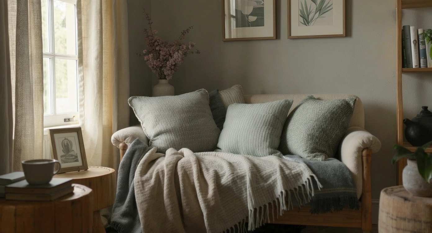 Cozy reading nook with coordinated textiles in soft colors and textures.
