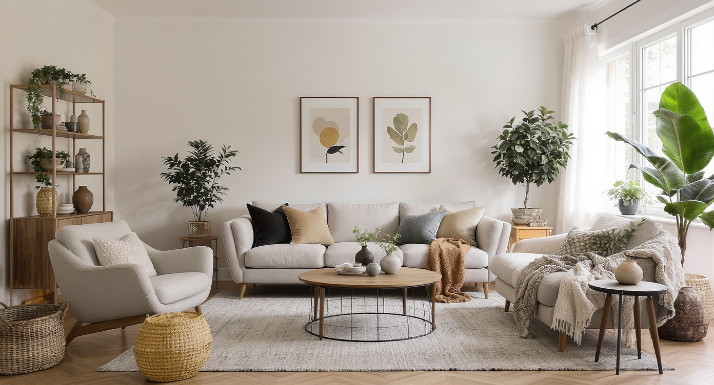 A cozy living room with a blend of vintage and modern design, filled with natural light and earthy tones.