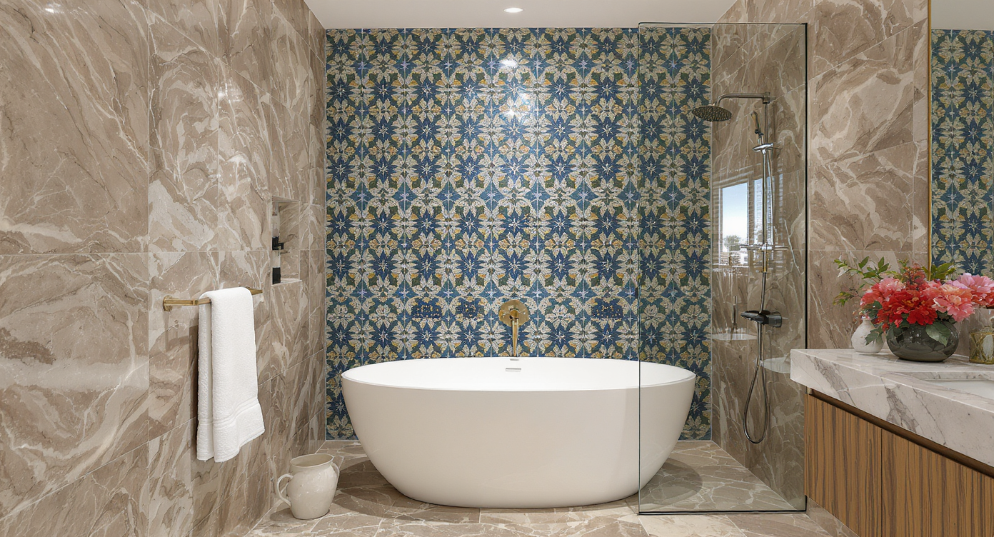 A luxurious bathroom with a freestanding shower and vibrant hand-painted tiles, creating a stunning focal point.