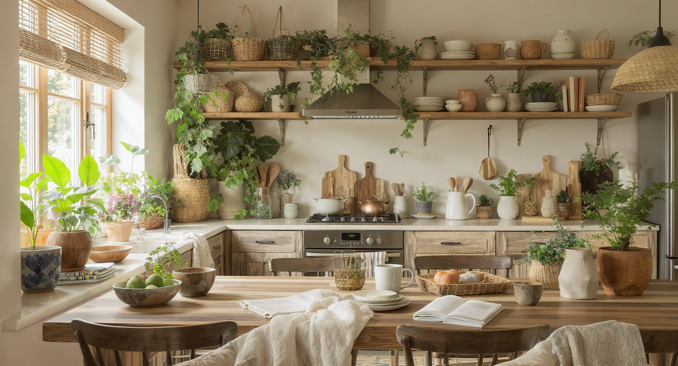 A kitchen emphasizing sustainable materials with reclaimed wood and indoor plants, creating a warm atmosphere.