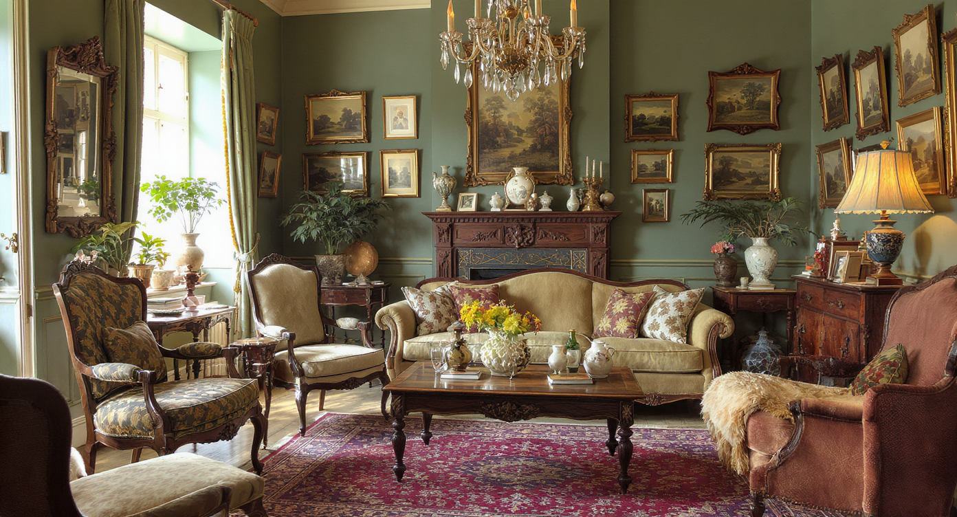 A vintage-inspired room showcasing sustainable design with antique furniture and warm colors.