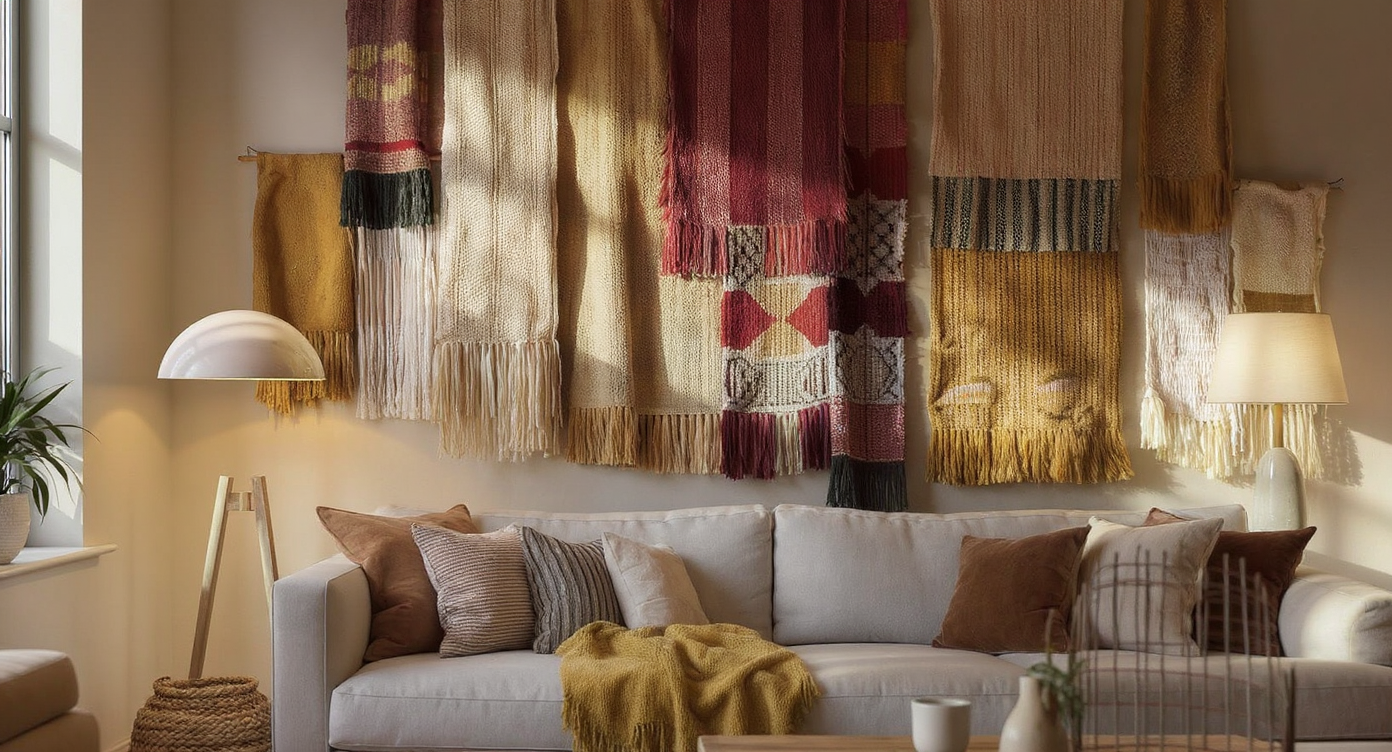 A living space decorated with various textured wall hangings and soft-lit furniture, creating a warm ambiance.