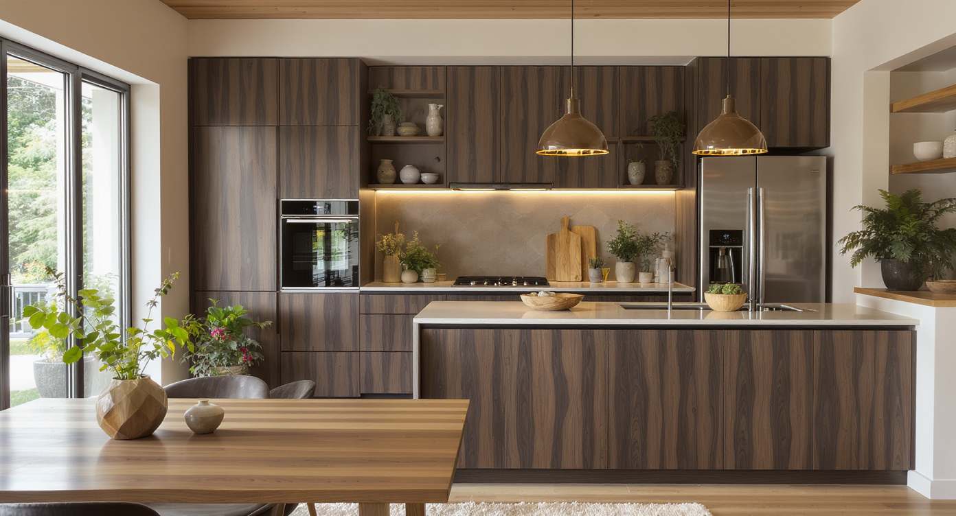A modern kitchen with dark walnut wooden cabinets and natural wood decor, filled with plants.