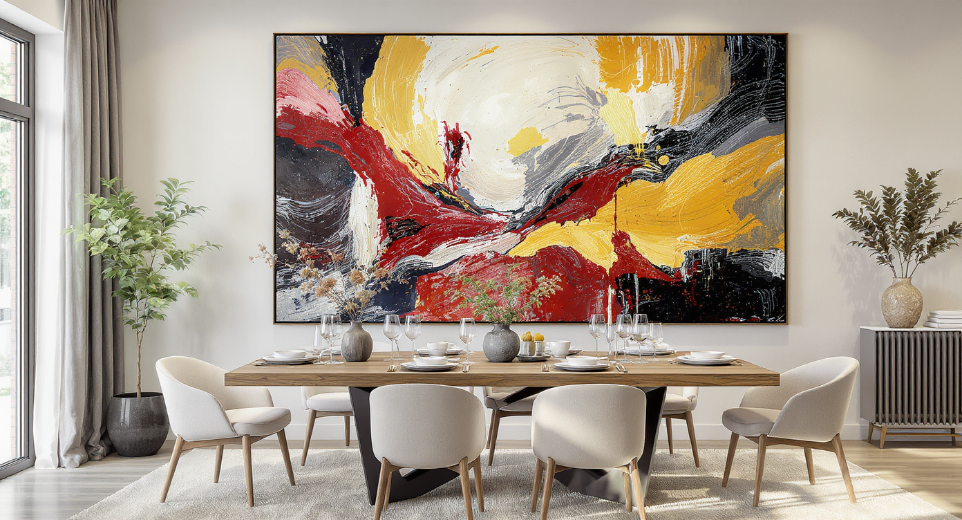 A contemporary dining area featuring large-scale art and stylish furniture, creating a welcoming atmosphere.