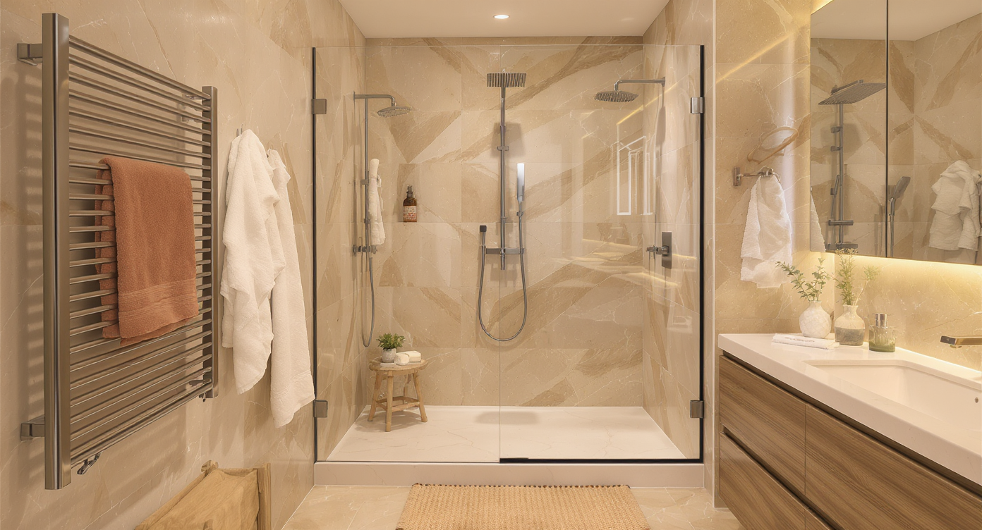 A modern bathroom with a freestanding shower featuring sleek design and warm color tones, creating a luxurious feel.