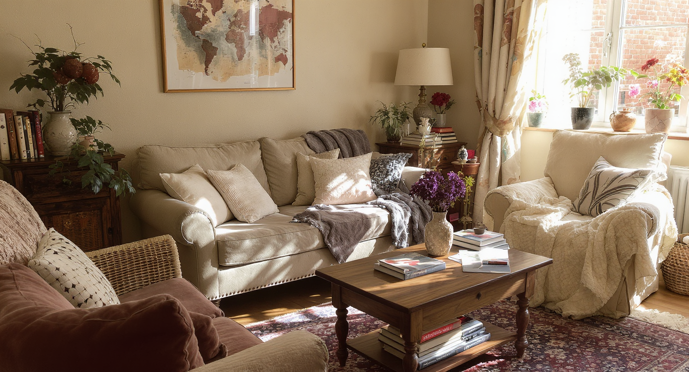 A cozy living room with lived-in, eclectic decor featuring soft furniture and natural light.