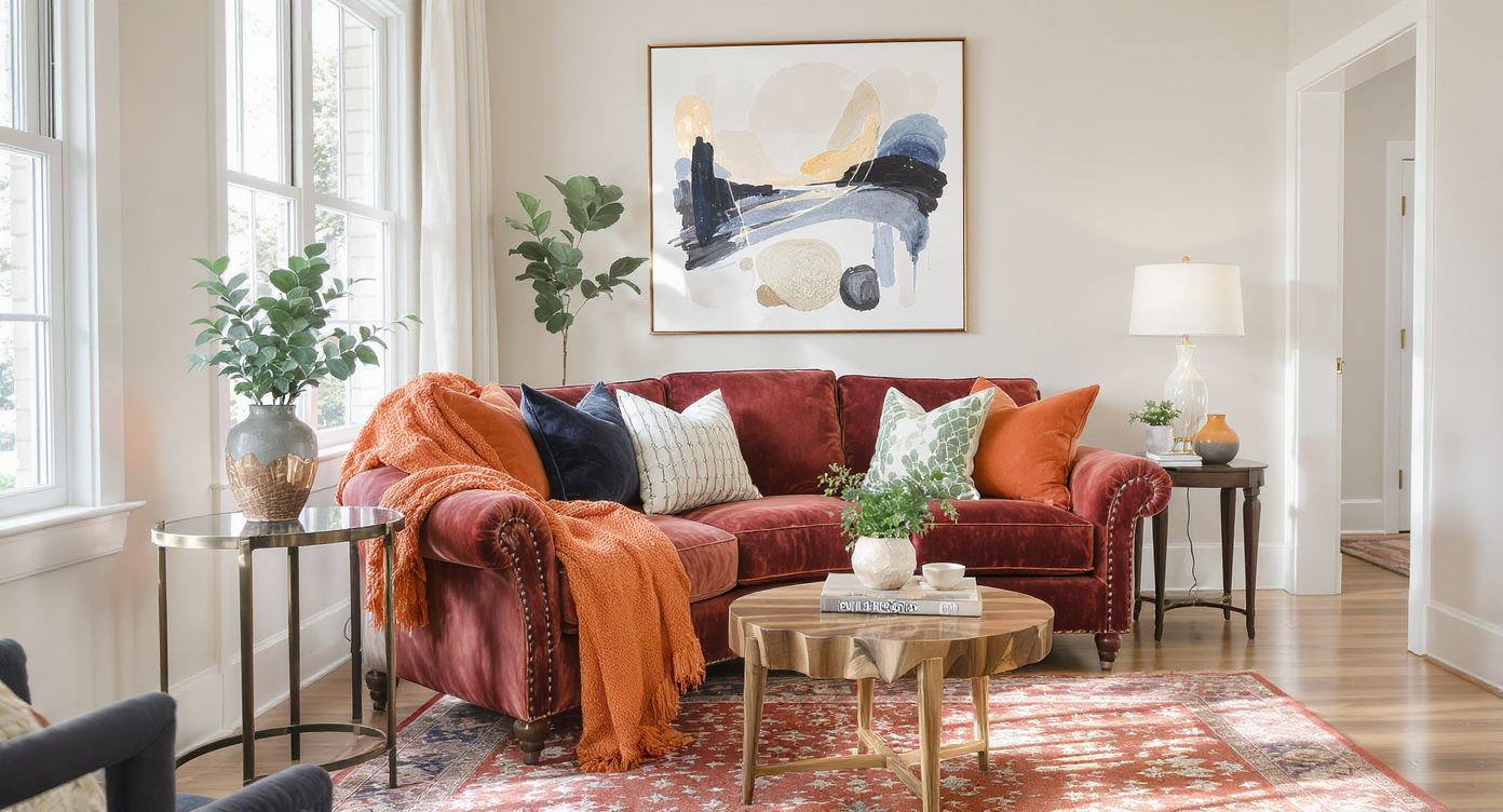 A hallway showcasing a stylish occasional sofa with colorful pillows and natural light streaming through the windows.