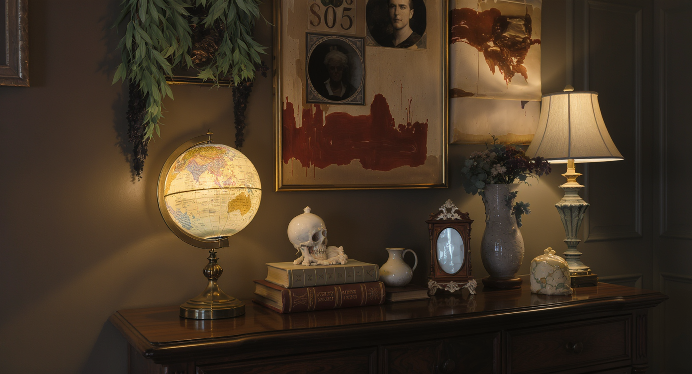 Stylish entryway showcasing a collection of unique oddities and antique decor elements.