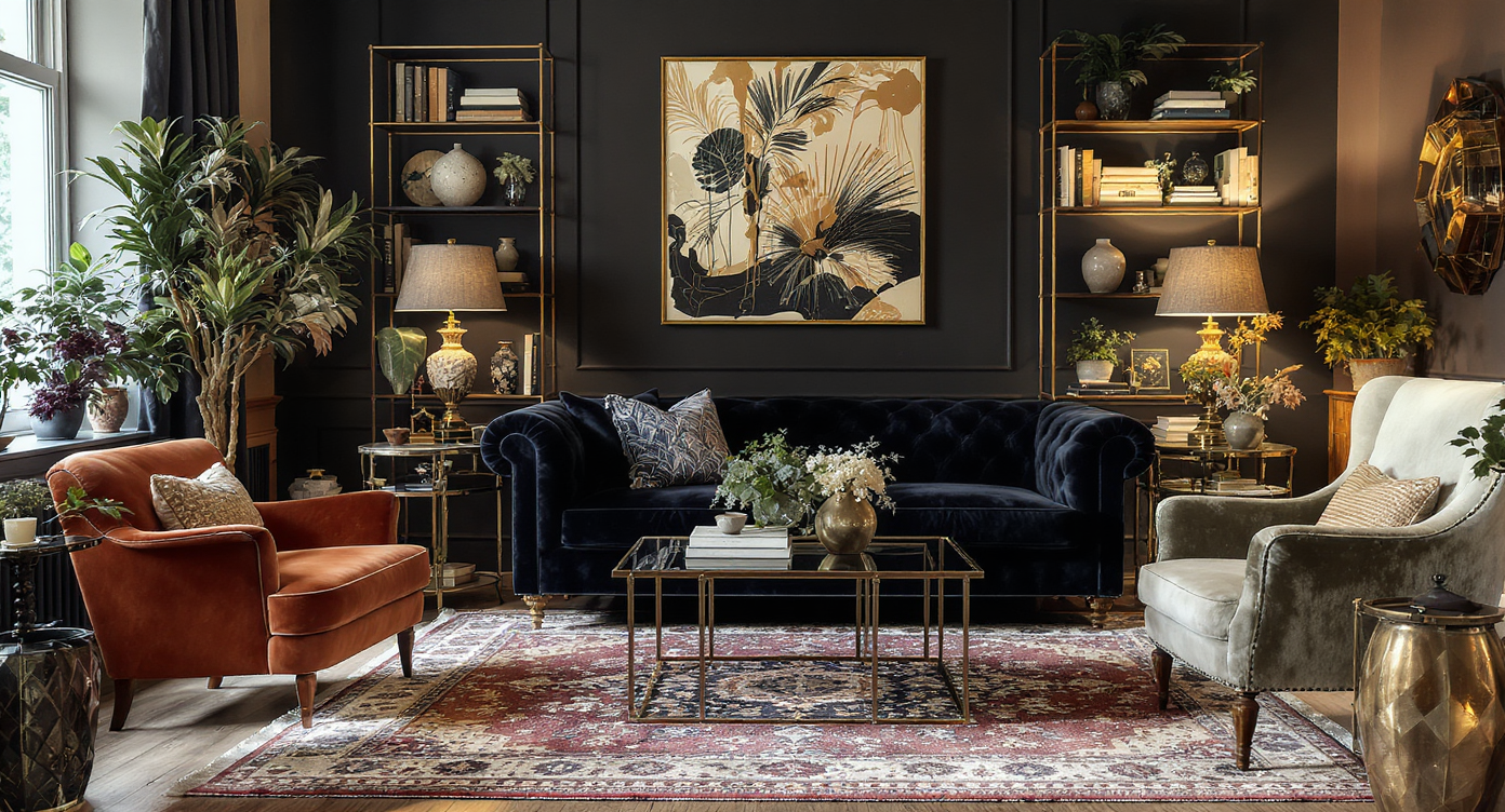 Living area blending vintage and modern furniture, featuring a velvet sofa and a curated bookshelf.