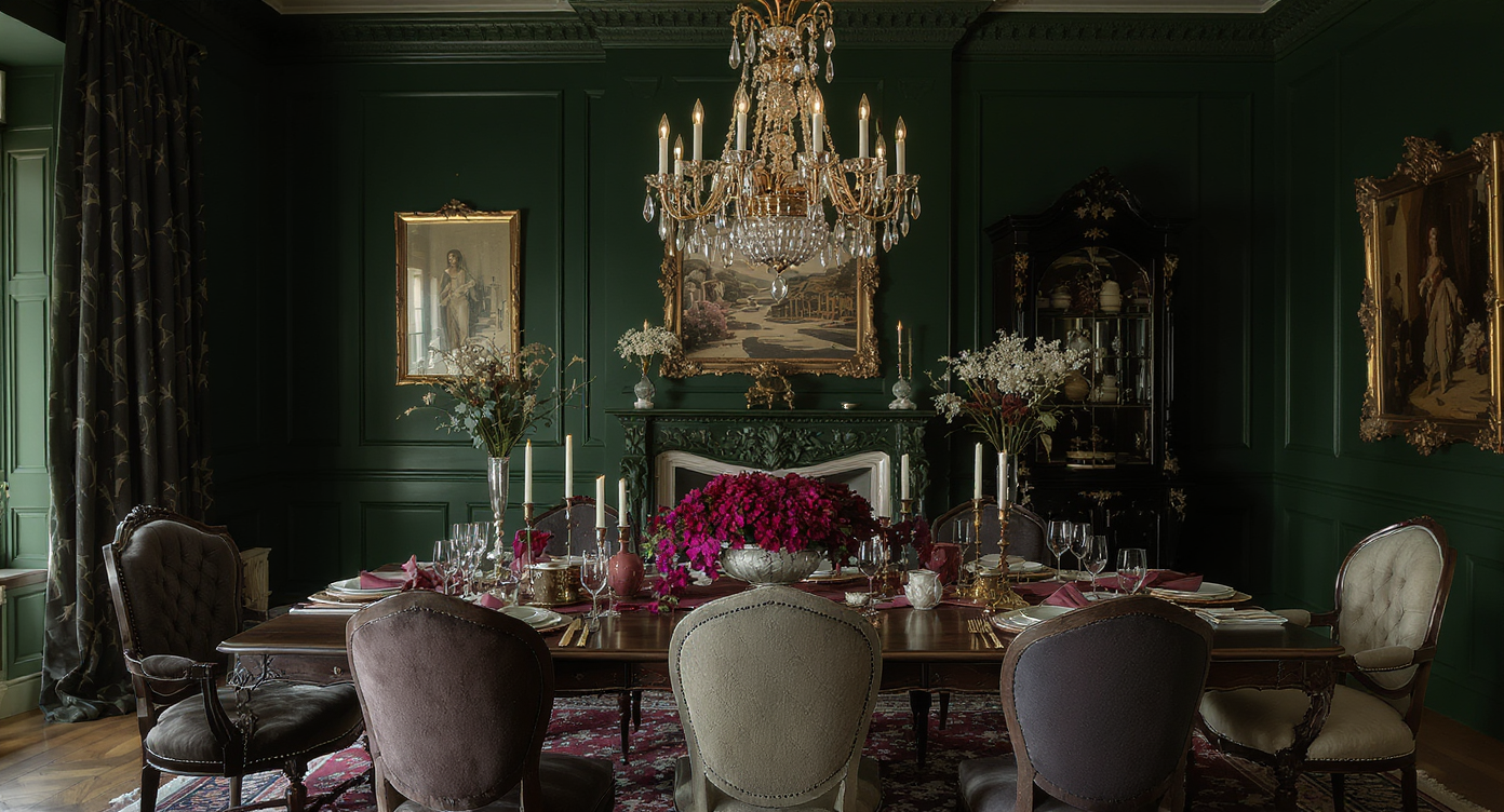 Elegant dining room with dark green walls, vintage dining table, and warm chandelier light.