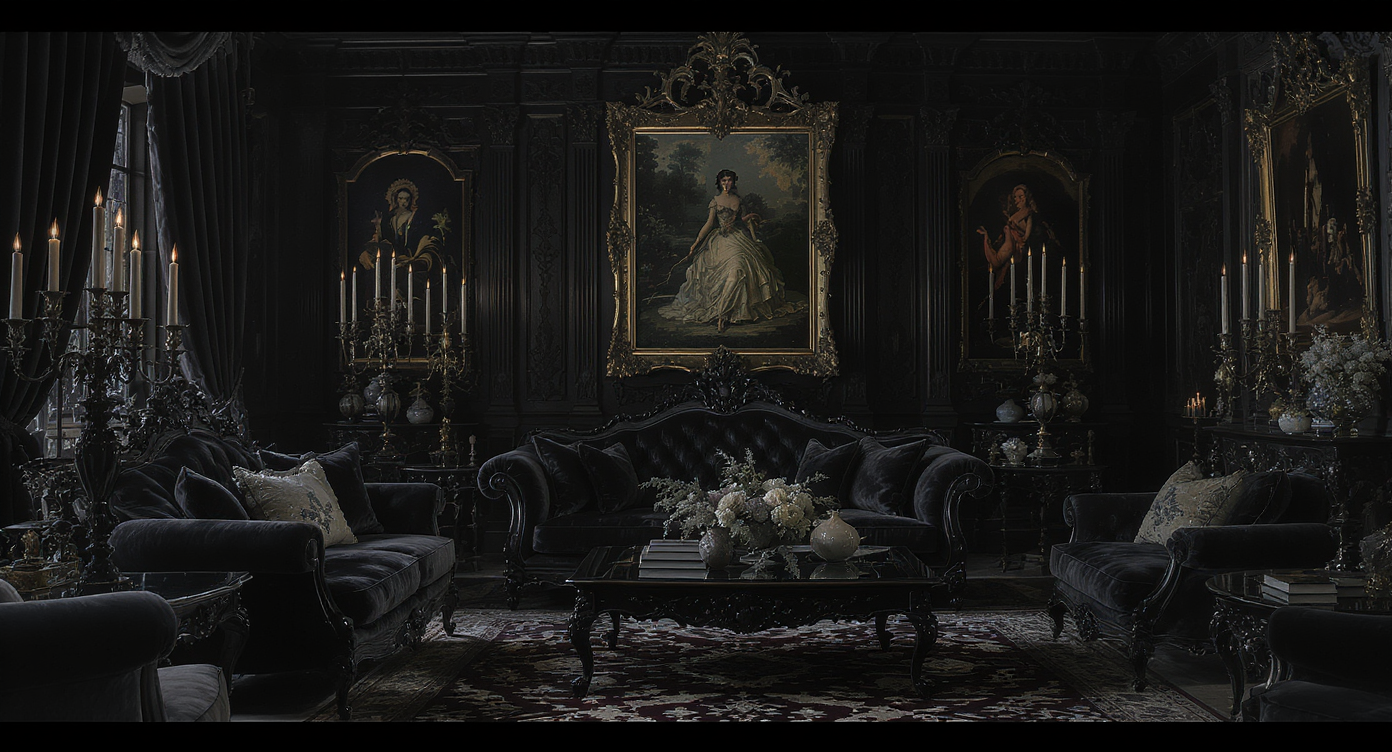 Dramatic living room with gothic and Victorian influences, featuring rich textures and dark hues.