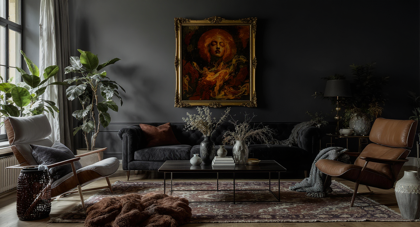 Spacious interior featuring a mix of vintage and modern decor under soft lighting.