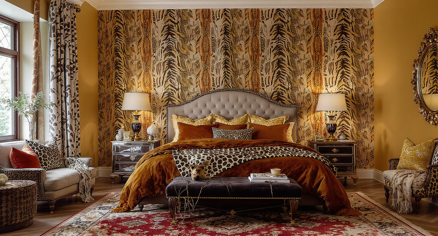 Stylish bedroom with an animal print accent wall and rich textured bedding.