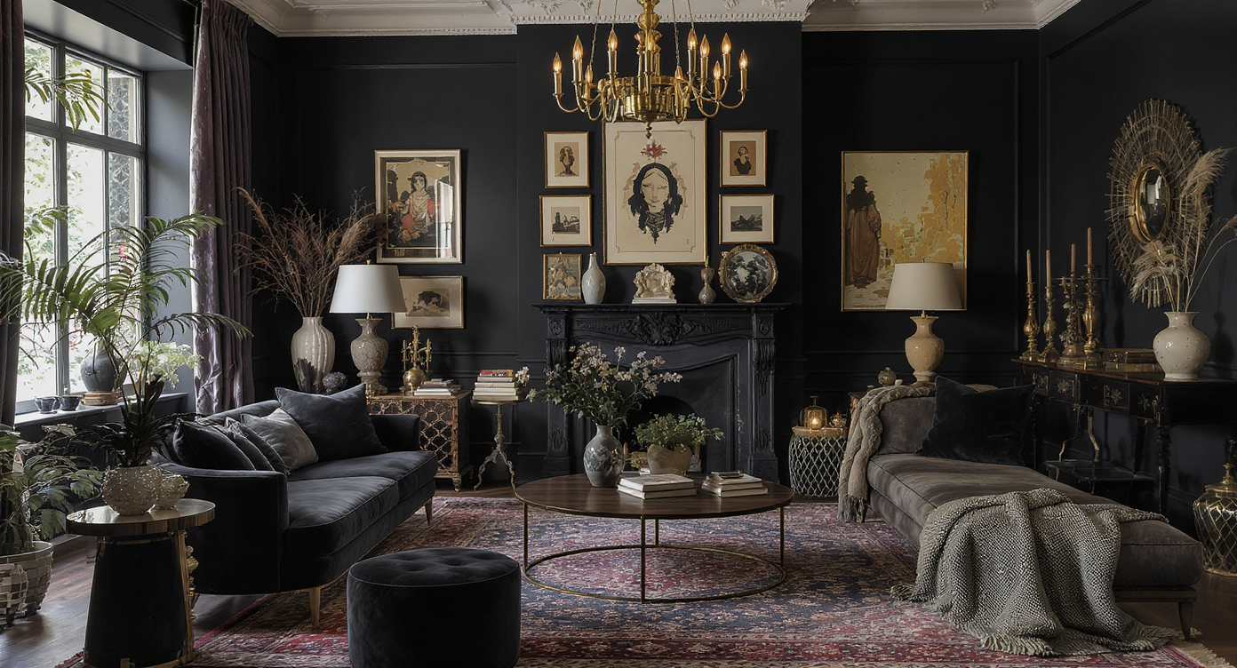 Eloquent living room showcasing moody maximalism with dark walls and eclectic decor.